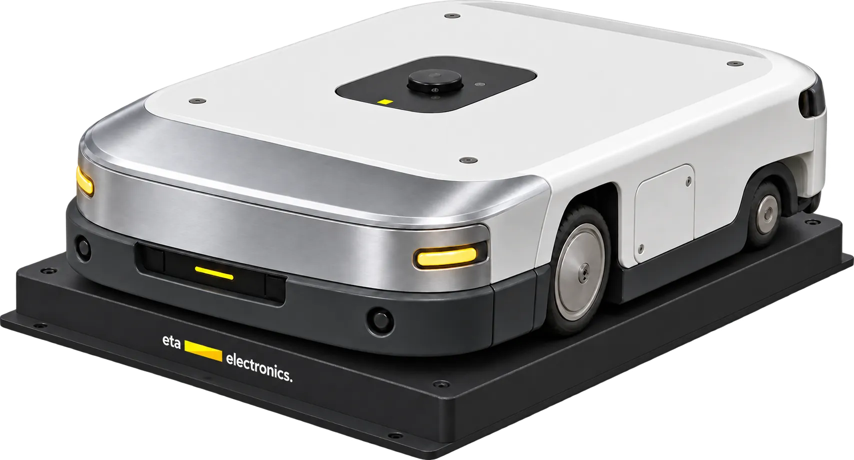 Silver mobile robot on an ETA charging pad