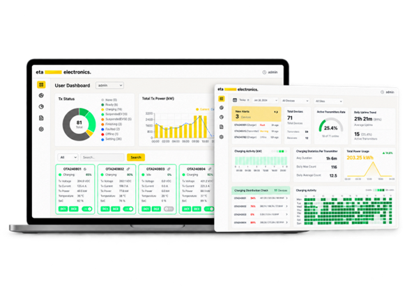 ELYX Link charging operations dashboards on a laptop and tablet